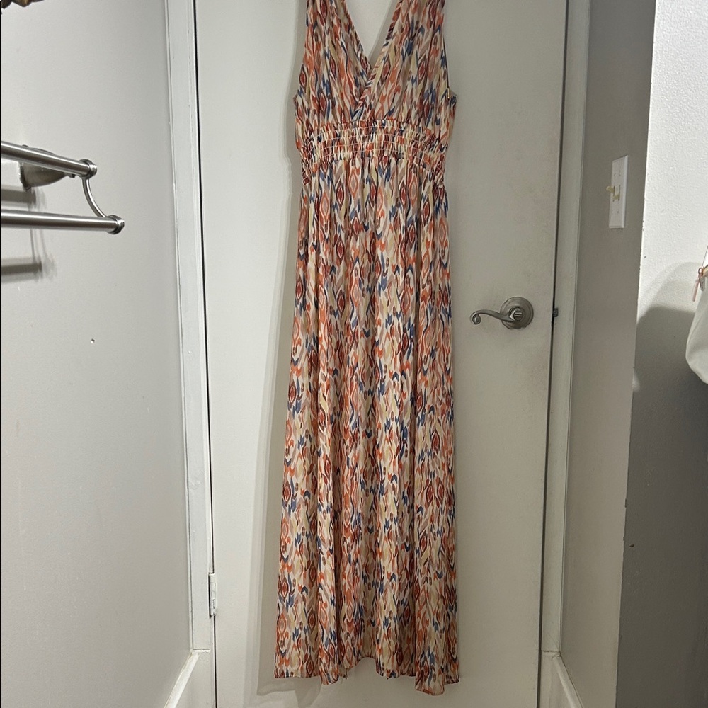 Iris Setlakwe Sleeveless V-Neck Printed Maxi Dress in Coral, Navy, Cream